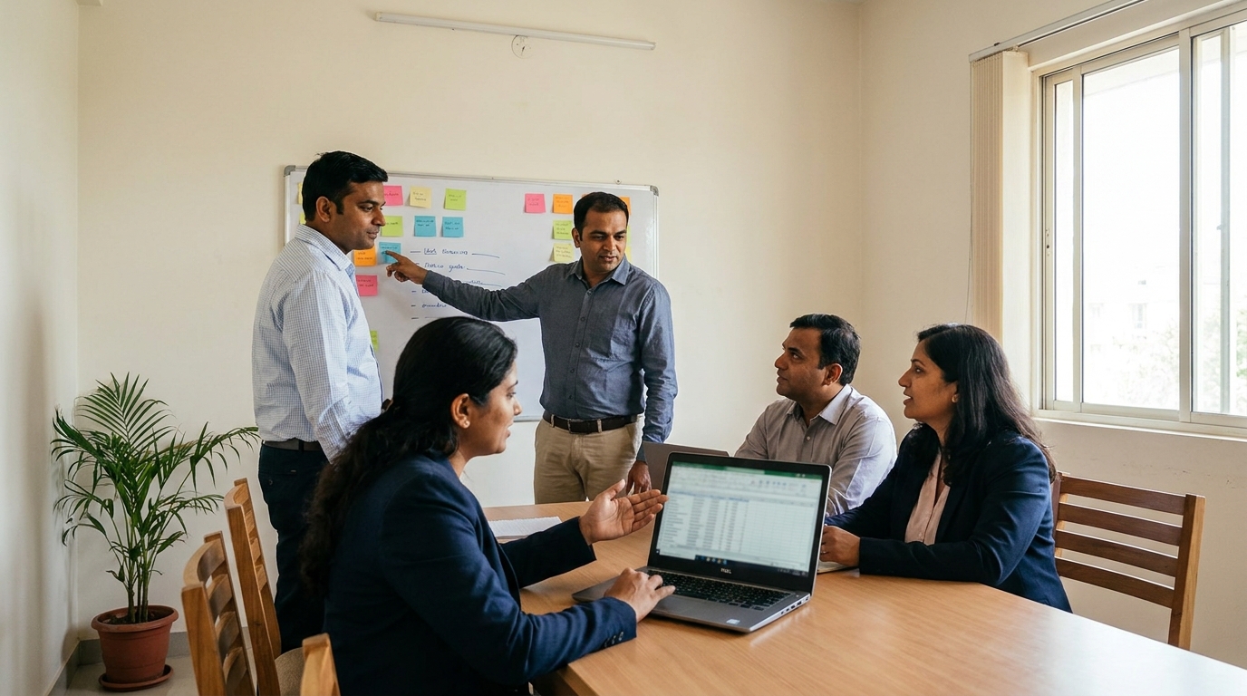 A mid-sized business's own leadership team mapping a workflow together on a whiteboard